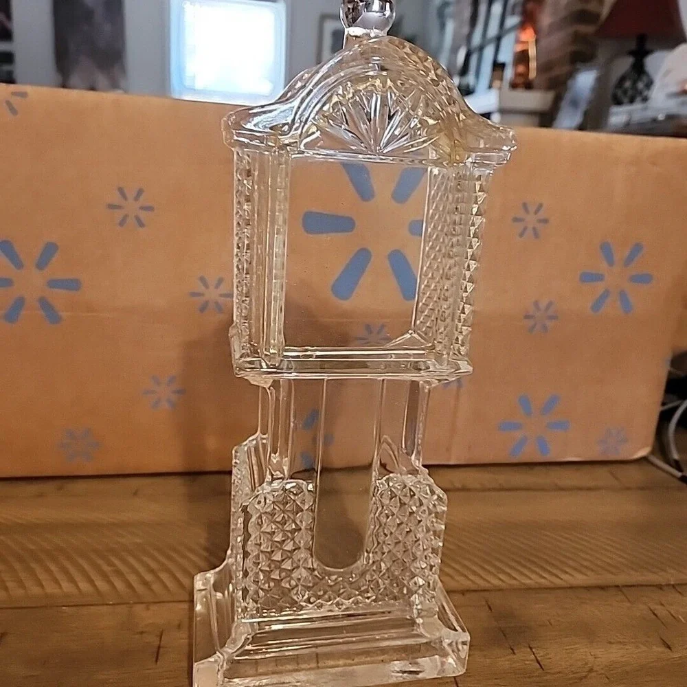 Vintage Clear Pressed Glass Grandfather Clock Case Diamond Point Sunburst Decor
